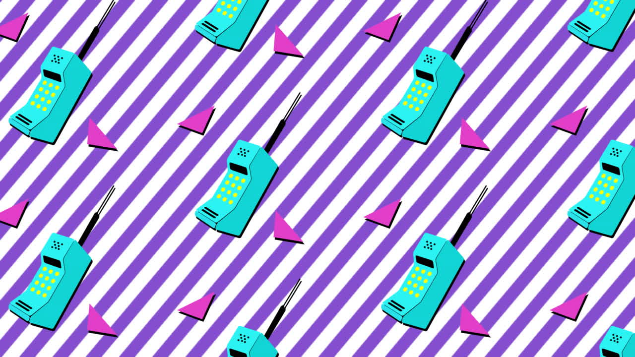Animation of retro mobile phone with pink triangles moving on purple and white stripes