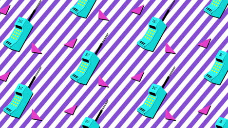 animación de teléfono móvil retro con triángulos rosados que se mueven en rayas púrpuras y blancas