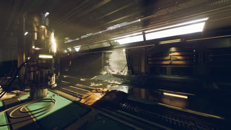 exploration of a futuristic space station interior with damage and debris