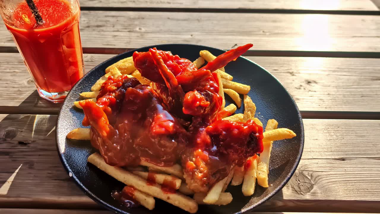Comfort food meal plate of chicken wings with sauce french fries along drink