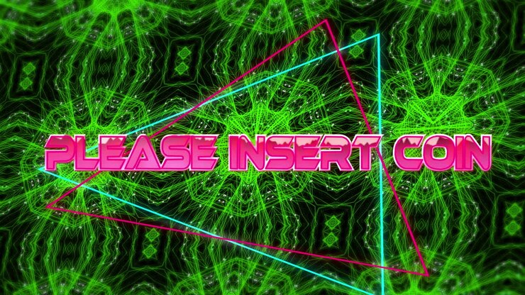 Animation of pleas insert coins text over kaleidoscopic moving shapes