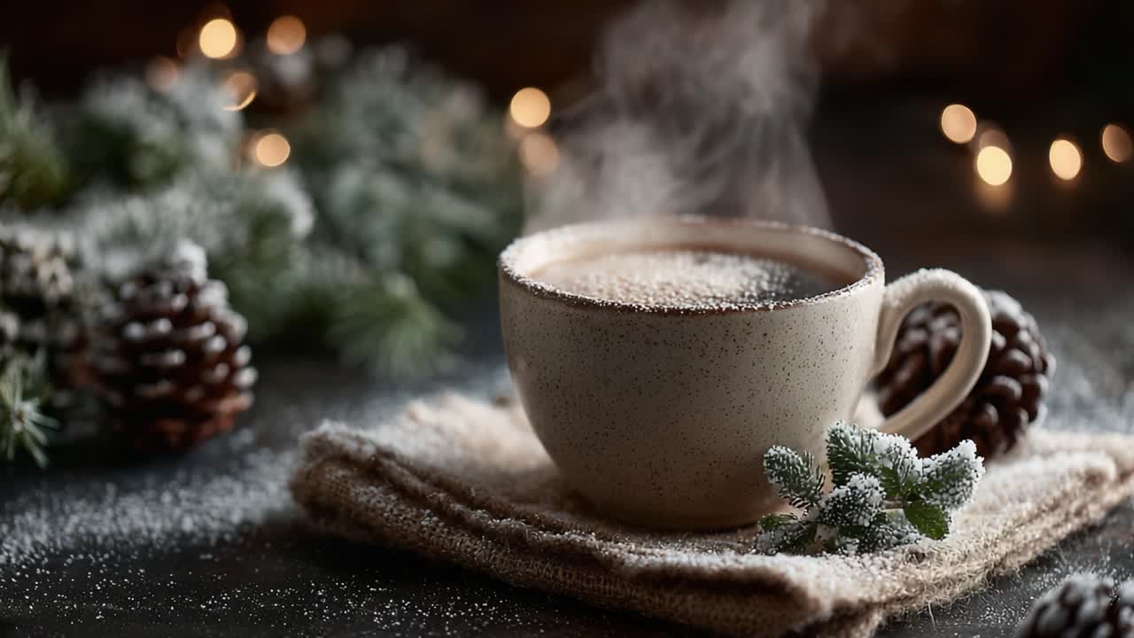 A Cozy Cup of Steaming Coffee Surrounded by Frosty Pines and Glittering Lights Perfectly Capturing the Essence of Winter Warmth and Comfort