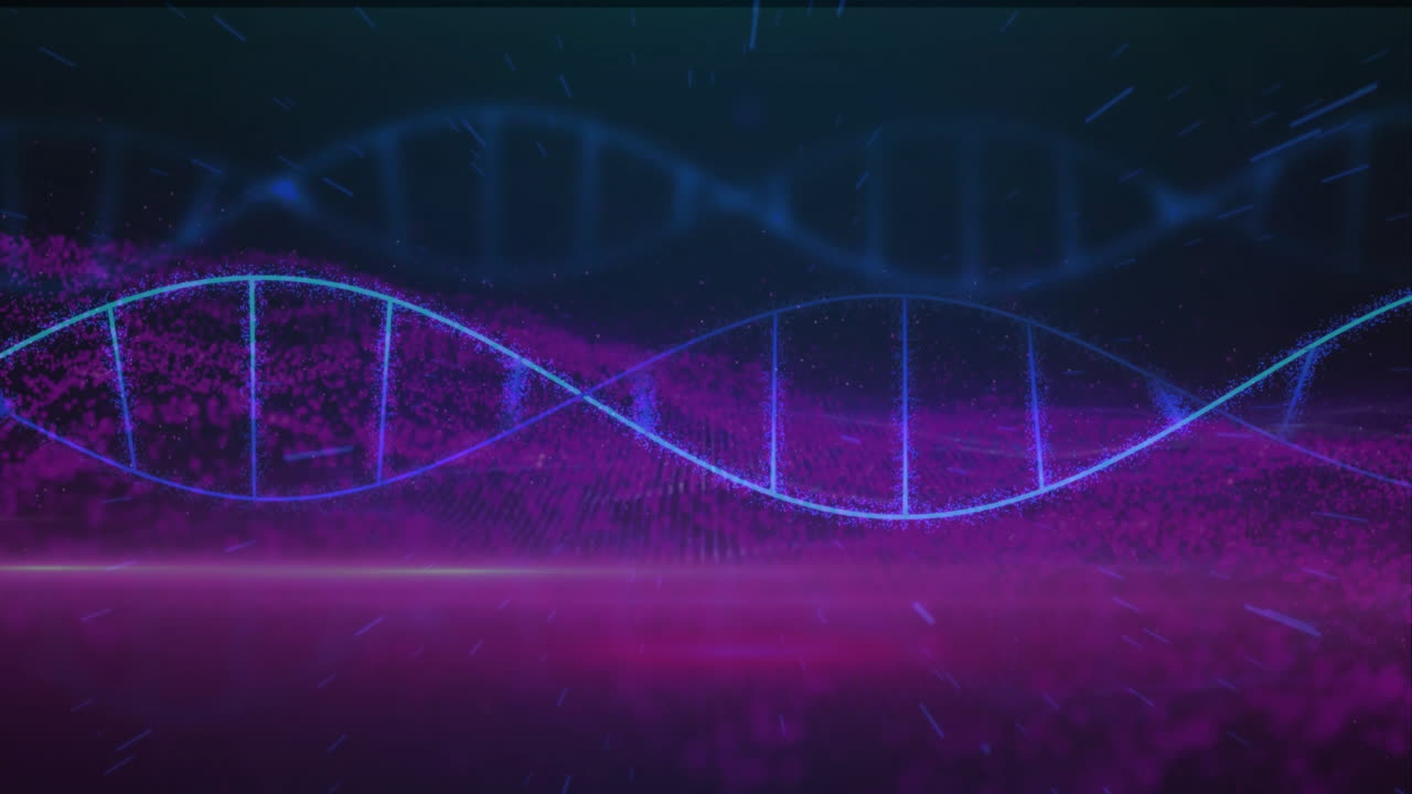 DNA strand animation over purple and blue digital background