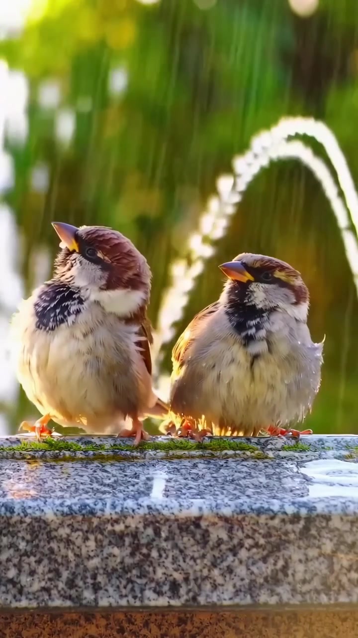Due passeri appollaiati su una sporgenza di pietra vicino a una fontana