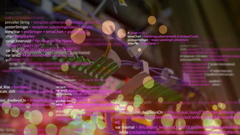 Animation-of-computer-language-and-lens-flares-over-wires-connected-to-modems