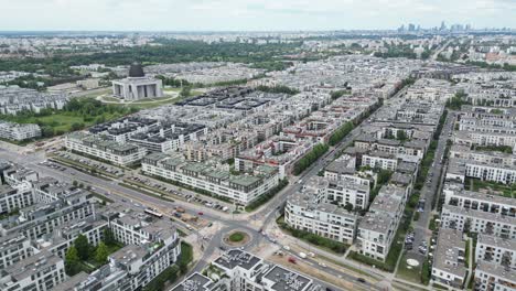 Wilanow,-Drone-aerial-photo-of-modern-residential-buildings-in-Wilanow-area-of-Warsaw,-Poland