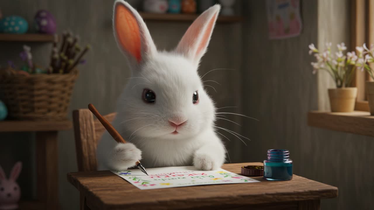 A Charming White Rabbit Engaged in Creative Art Activities, Painting Vibrant Designs on Paper While Seated at a Cozy Wooden Table Surrounded by Spring Decorations