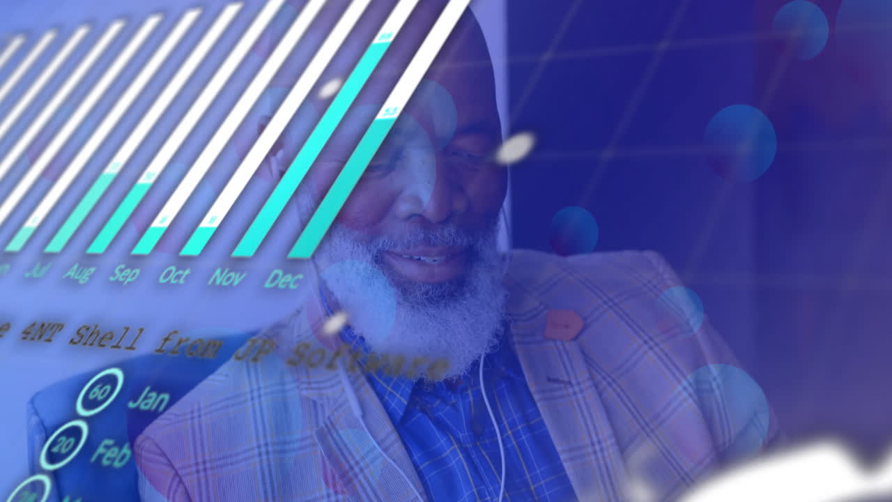 man adjusting earbud in modern business office, showcasing data chart bars and glowing circles