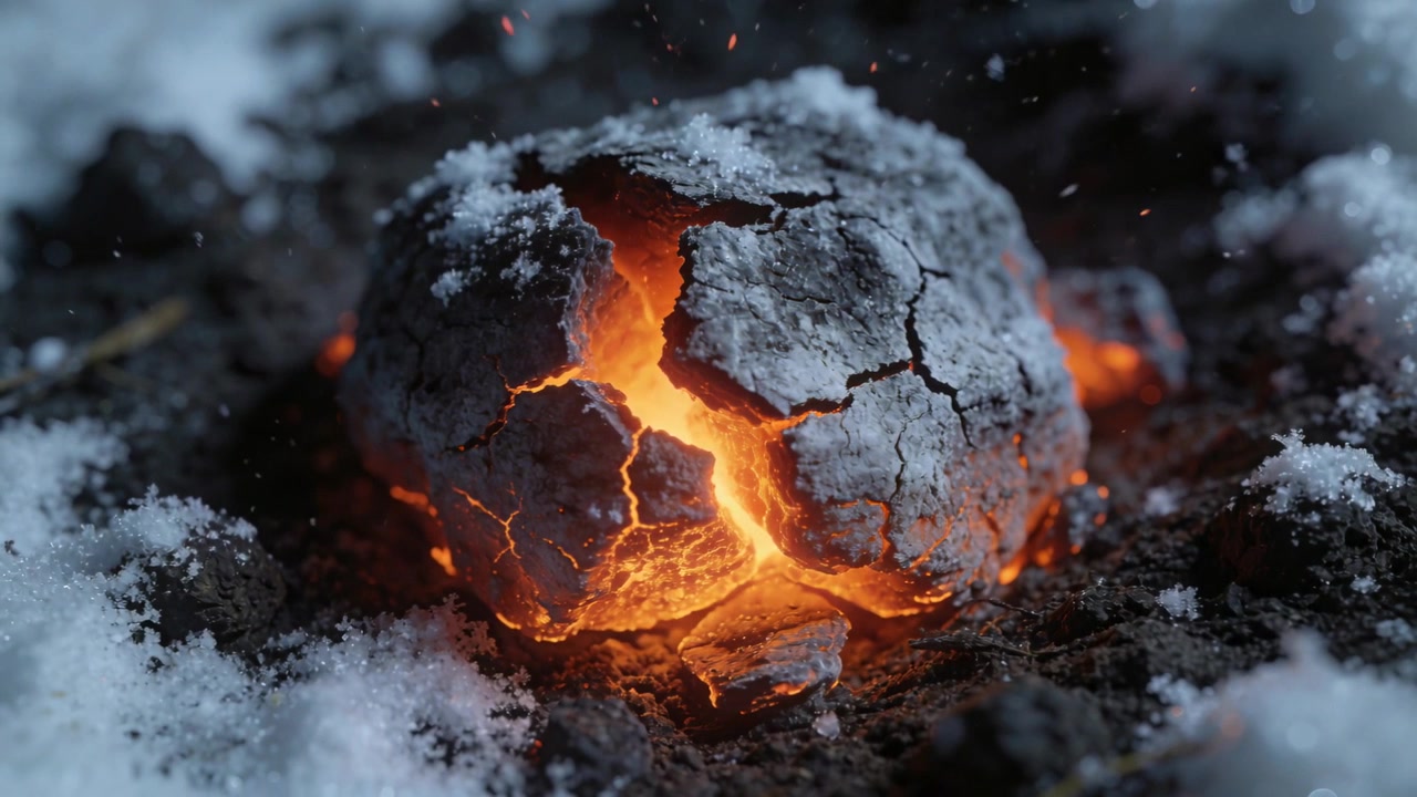 Pulsing single cracked ember revealing molten interior on snow, core heat sending sparks