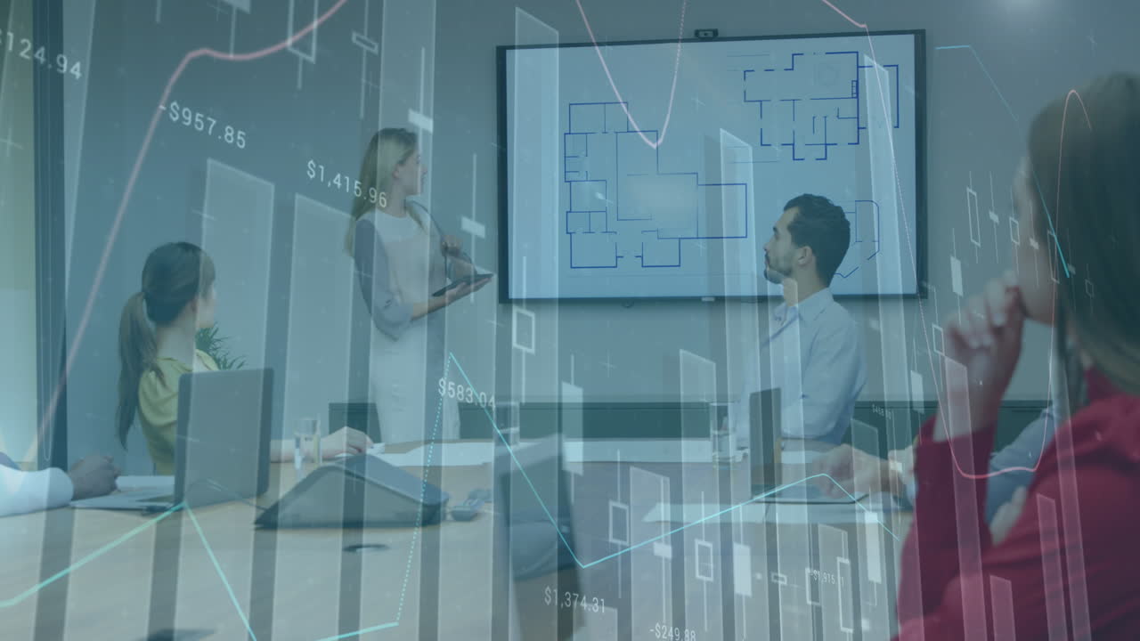 Animation of multiple graphs with changing numbers, diverse coworkers discussing blueprint on screen
