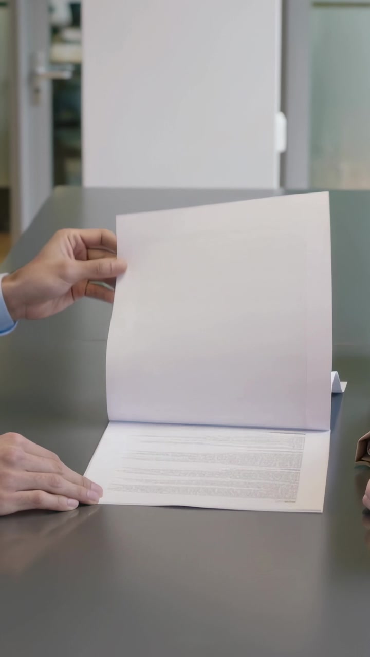 Vídeo vertical: Mão esquerda alcançando, colega de terno virando páginas de um bloco espiral no escritório para revisar