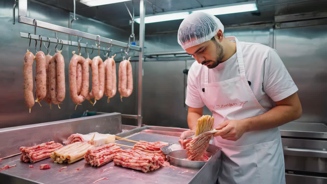 A butcher preparing sausages in a commercial kitchen
