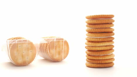 stacked cream filled cookies and packaging