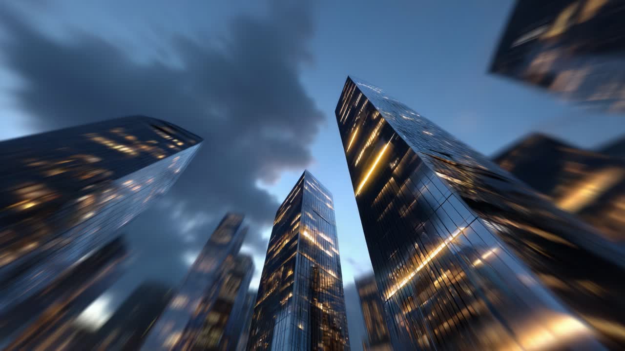 Dinamico skyline urbano al crepuscolo: una vista mozzafiato di alti edifici in vetro che riflettono le luci della città sotto cieli nuvolosi e suggestivi in una metropoli moderna