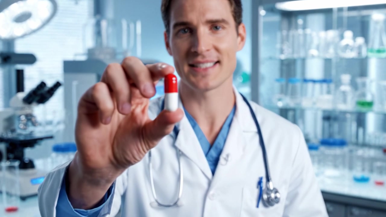 Professionista Sanitario Dedicato Mostra e Discute una Capsula Medica in un Ambiente di Laboratorio, Dimostrando Competenza in Scienza Farmaceutica e Cura del Paziente