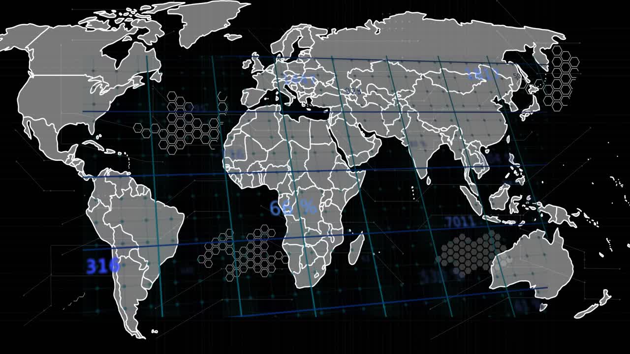 Starting with world map on grid tracing borders and flashing numbers over hex overlays showing data