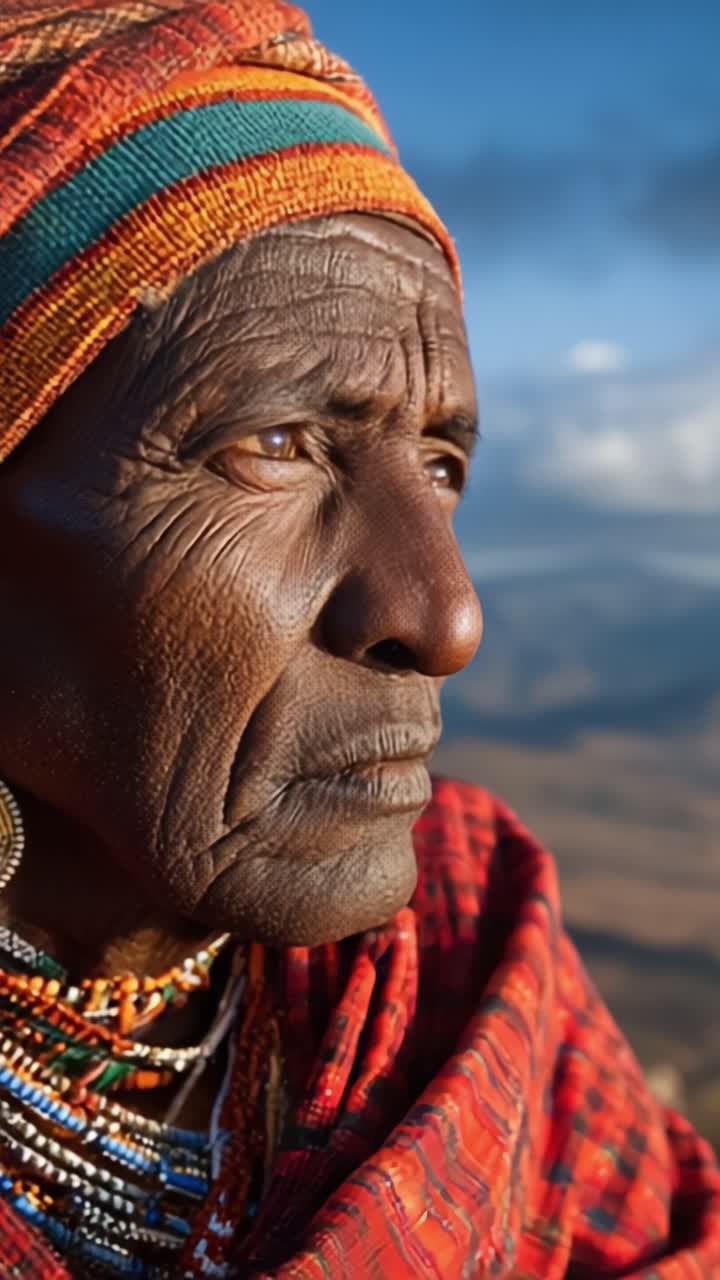 Ritratto di anziano che cattura la saggezza e la resilienza di una cultura secolare attraverso un volto brizzolato sullo sfondo di un paesaggio montuoso mozzafiato