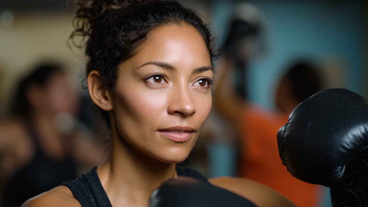 Boxer concentrata che si prepara per l'incontro con espressione determinata in palestra, che mostra forza, impegno e passione per l'allenamento in entrambi i fotogrammi