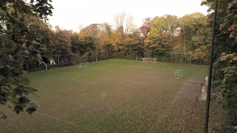 aerial tracking shot of the empty autumn soccer field, colorful fallen leaves on the pitch playground