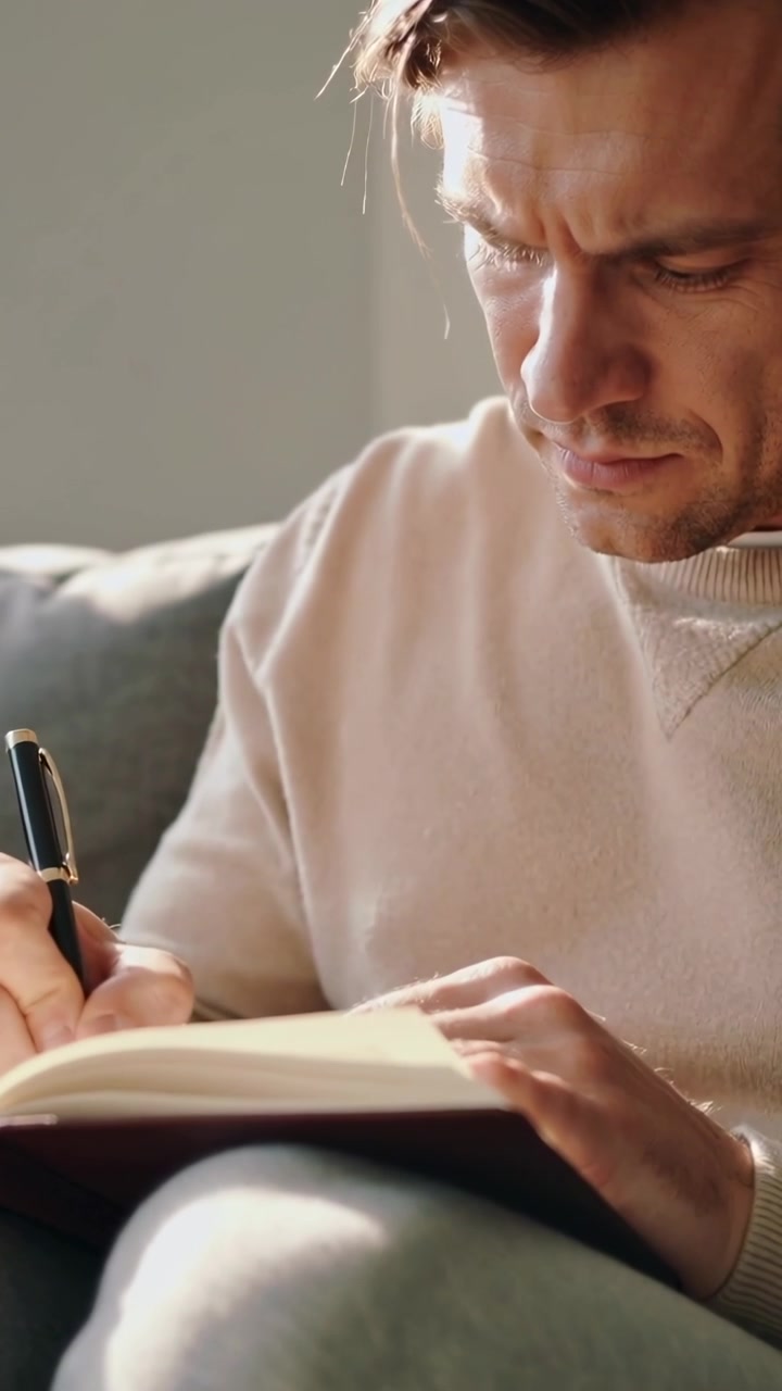 Video verticale: Uomo adulto che posiziona una penna e scrive un diario sul divano, indossando una felpa girocollo chiara e stabilizzando il quaderno.