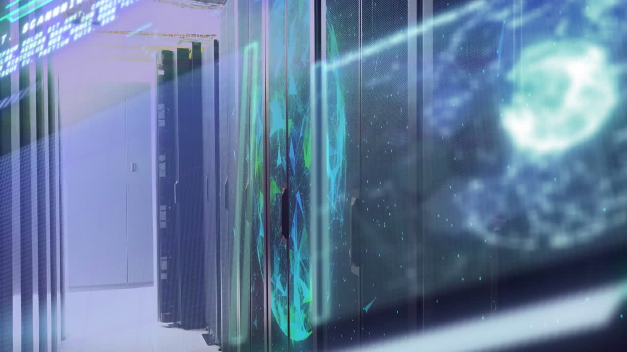 Processing data, animation over servers in high-tech center, technology focus