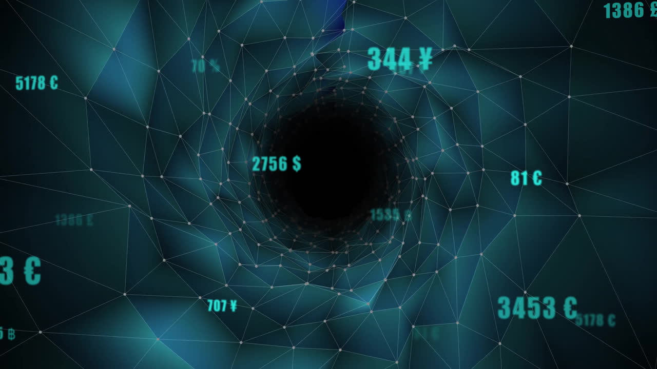 Digital currency values over geometric tunnel animation