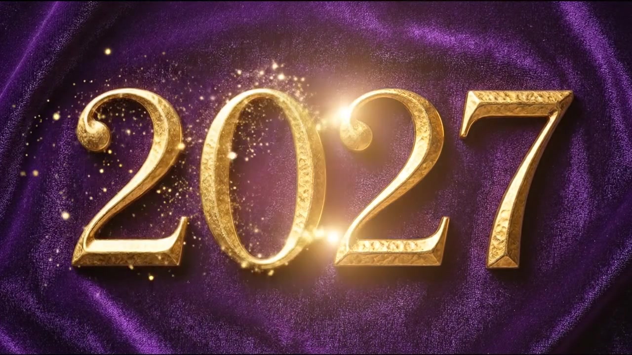 Motion graphic del numero decorativo 2027 con tipografia luminosa oro e viola