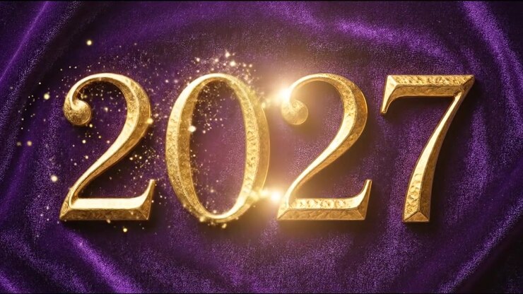 Motion graphic del numero decorativo 2027 con tipografia luminosa oro e viola