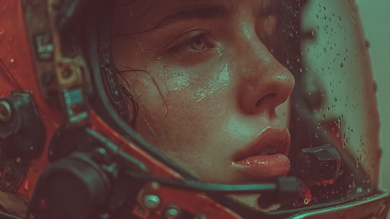 Un ritratto ravvicinato di un astronauta pensieroso con il casco zuppo di pioggia, che cattura l'intensità delle emozioni e il mistero dell'esplorazione spaziale.