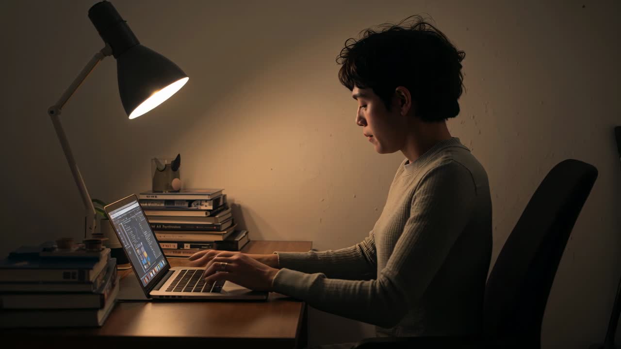 Uomo con un maglione che digita, illuminato da una lampada calda, studia alla scrivania di casa con laptop e libri.
