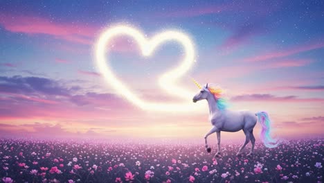 a majestic unicorn trots through a vibrant flower field under a dreamy sky, completing a magical gesture with a heart-shaped sparkle above in this enchanting scene