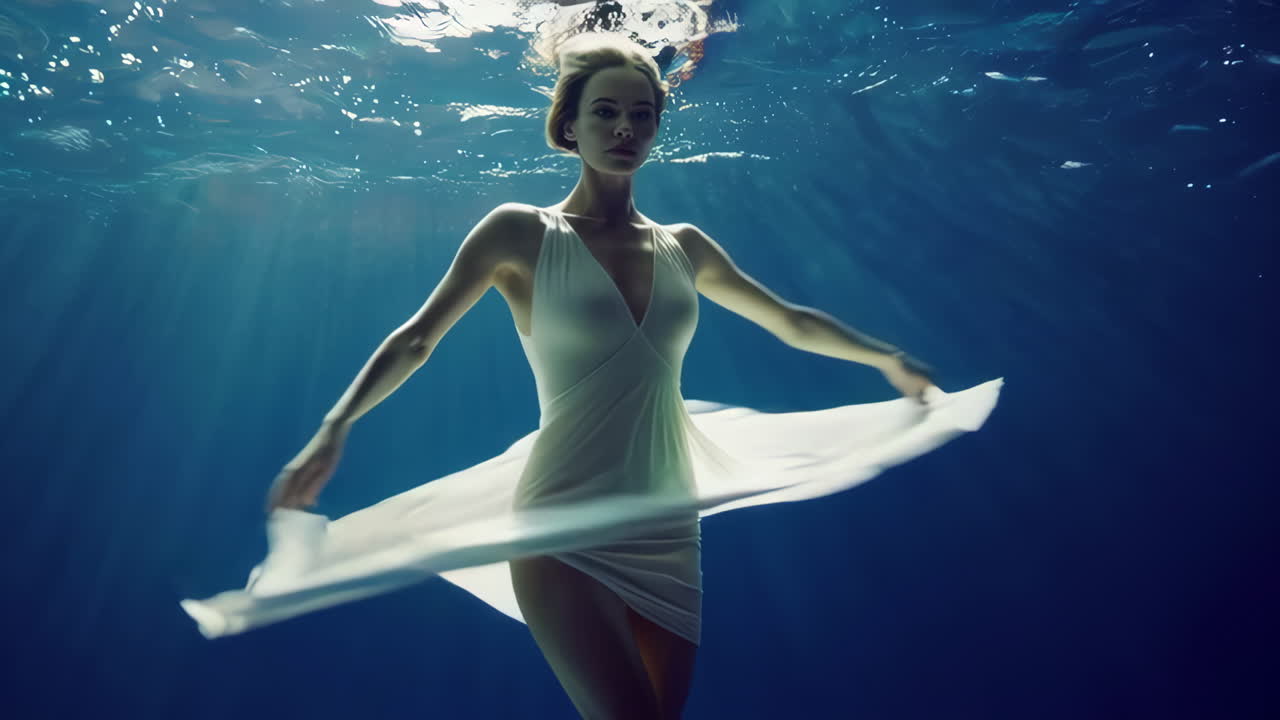 Woman in Flowing Dress Gracefully Moving Underwater with Sun Rays