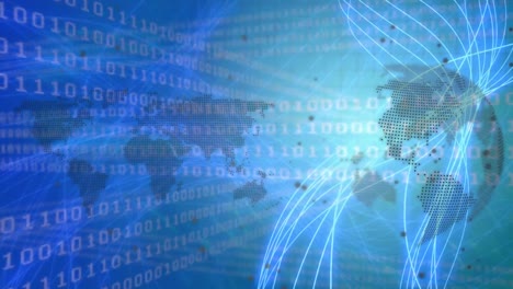 animation of data processing with world map and globe over light trails on blue background