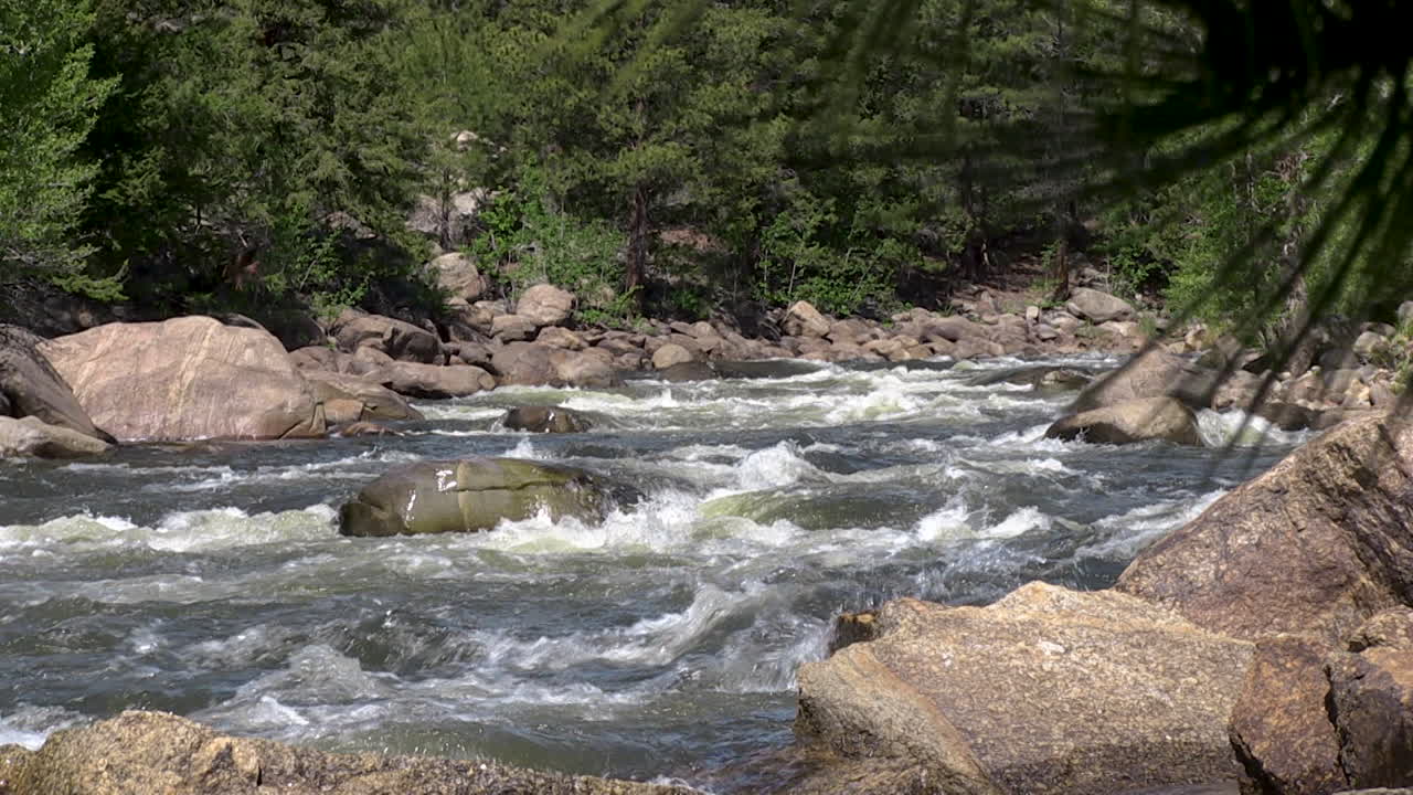 Un torrente impetuoso che scorre tra le rocce nelle Montagne Rocciose.