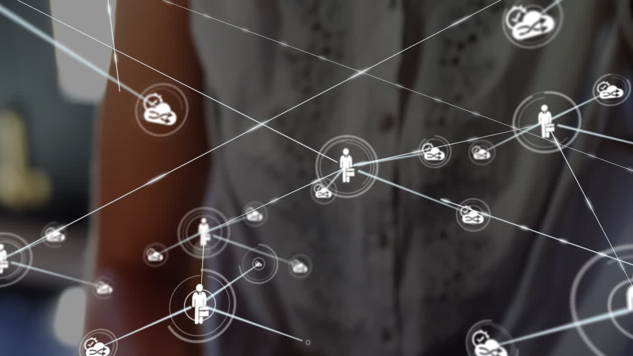 conectores en movimiento y datos digitales sobre una mujer usando casco vr