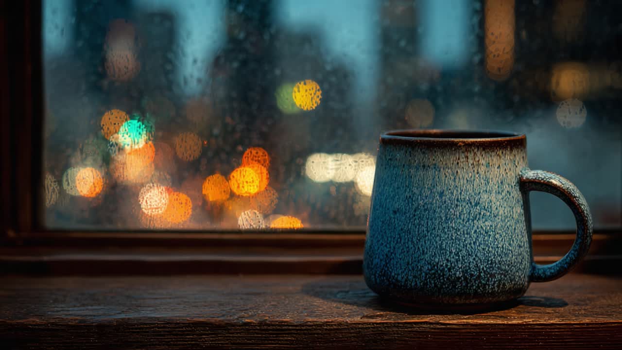 穏やかな夕暮れ時：雨に濡れた窓ガラスと背景に広がる柔らかな街の明かりを背景に、窓辺に置かれた美しい青いマグカップ。