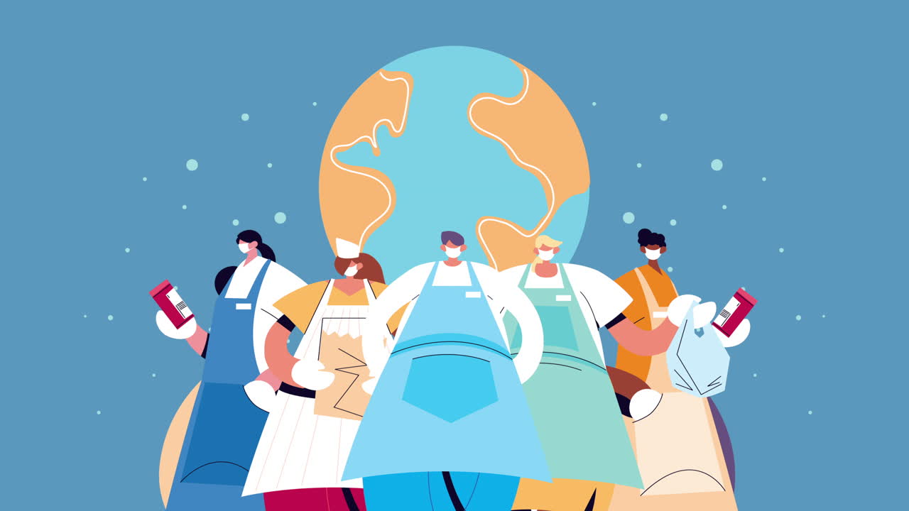 가정주부와 슈퍼마켓 직원은 코로나19 보호를 위해 식료품을 구입하는 의료 마스크를 착용합니다.