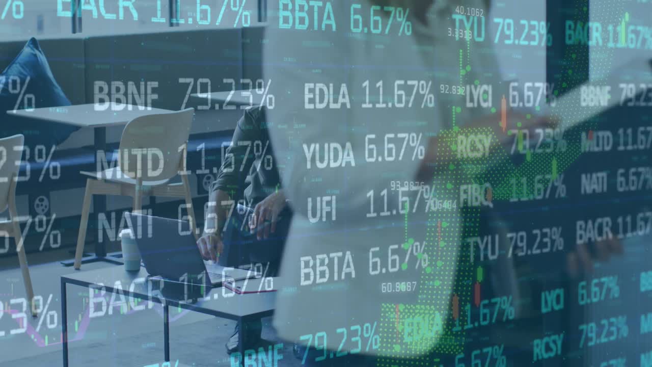 Animation of financial data processing over diverse business people
