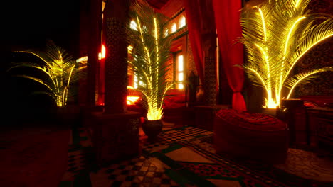 moroccan interior design with red curtains, cushions, and plants