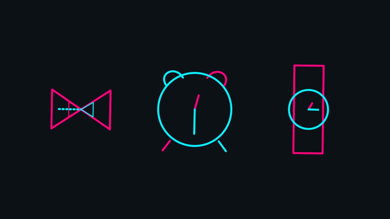 Animated Neon Icons of Hourglass, Alarm Clock, and Wristwatch