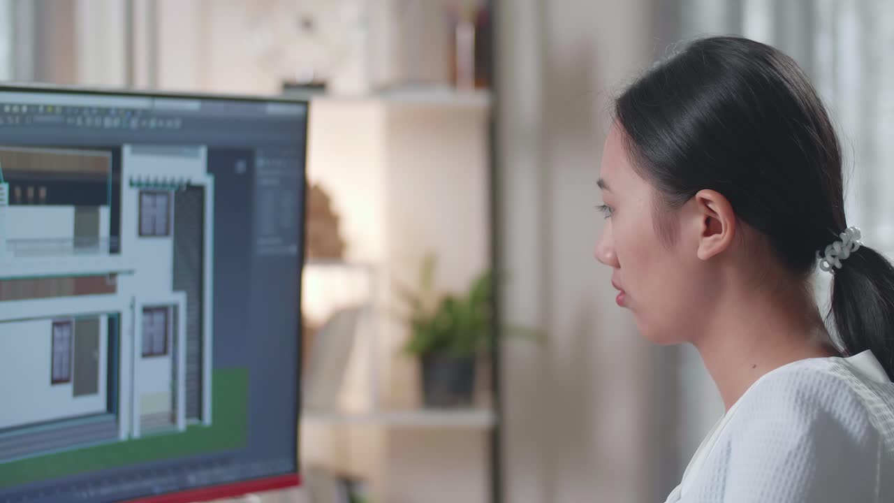 아시안 여성 엔지니어가 집을 디자인하는 동안 축하하는 클로즈업 사이버 게임 집 디자인과 장식