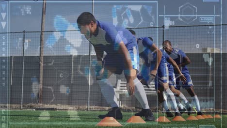 Animation-of-screen-with-biological-data-over-diverse-male-soccer-players-during-training