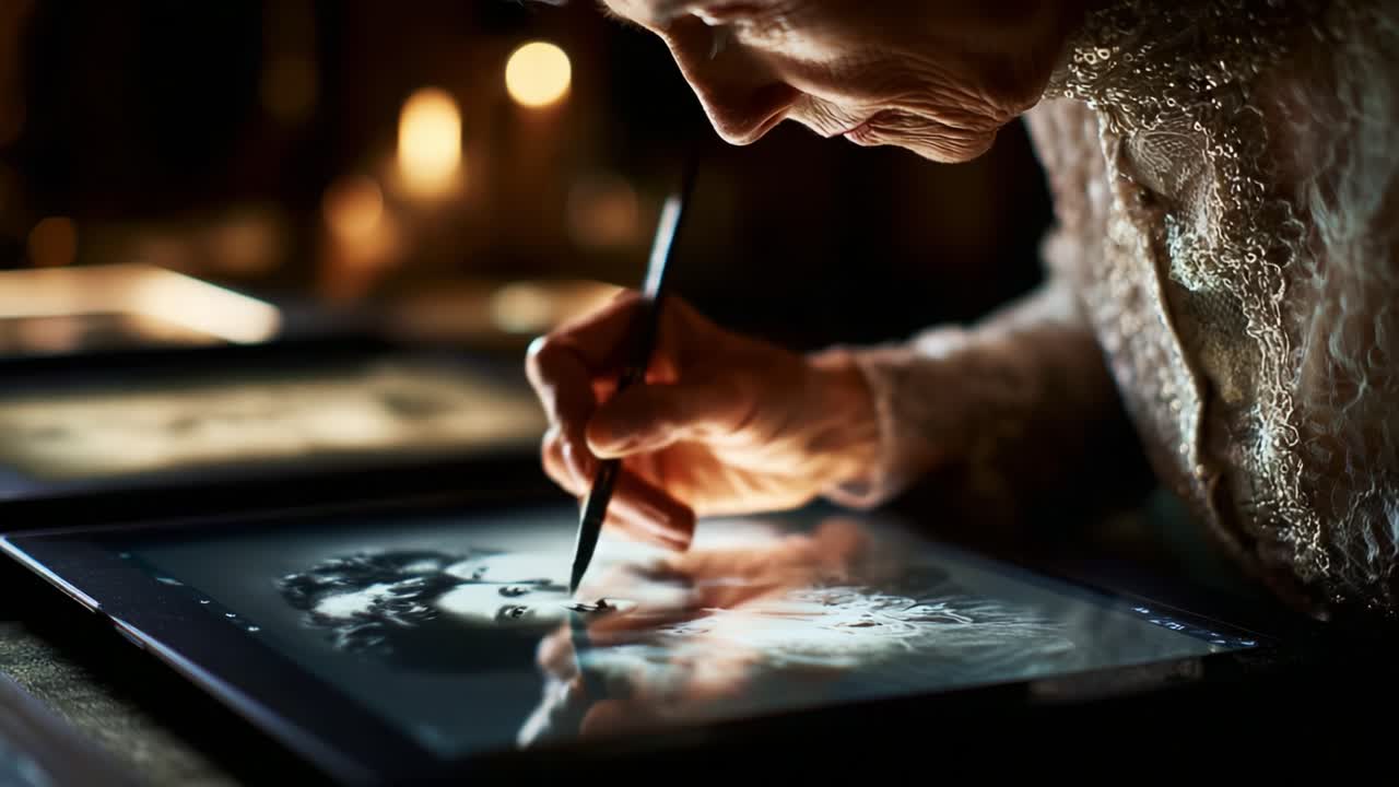 A meticulous artist captures intricate details as she skillfully enhances a digital portrait, revealing her passion for artistry and the beauty of historical figures through technology