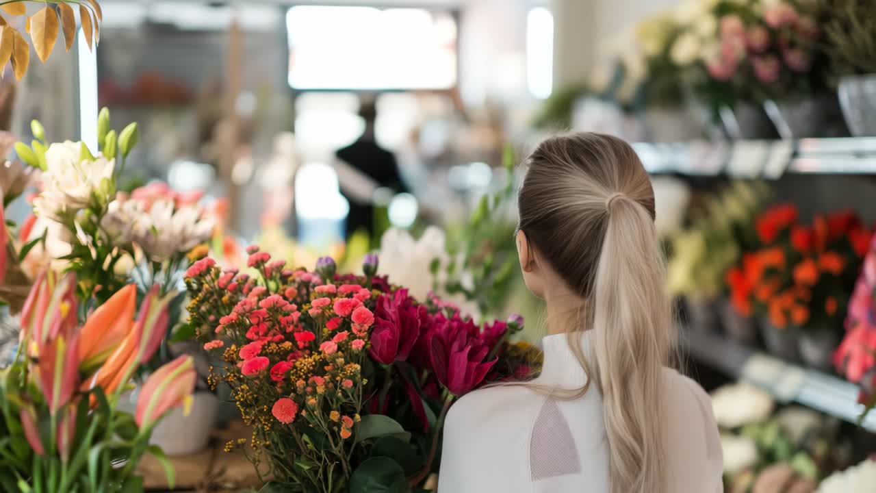 Blonde woman carefully selecting vibrant flower bouquet at local florist shop, examining colorful blossoms with cheerful expression