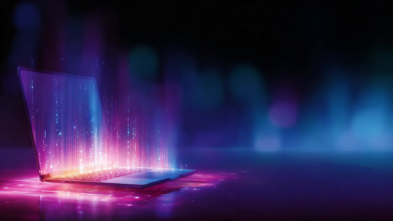 A mesmerizing display of digital lights and colorful effects emanates from an open laptop, showcasing the convergence of technology and creativity in a stunning visual representation of the digital realm
