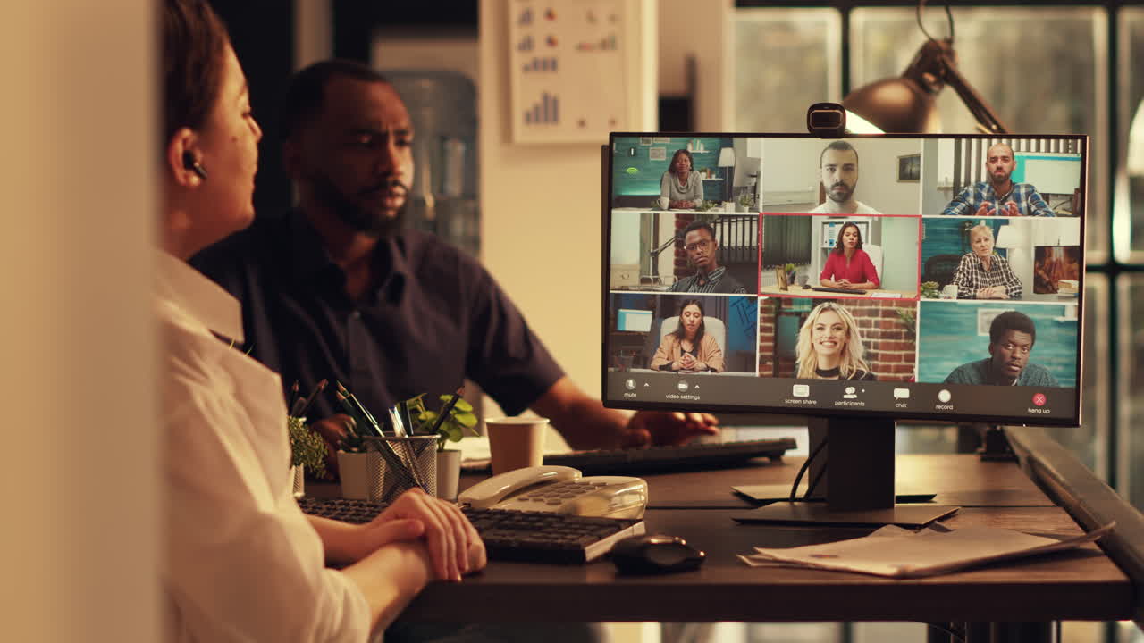 Executive manager attending corporate videocall meeting with webcam