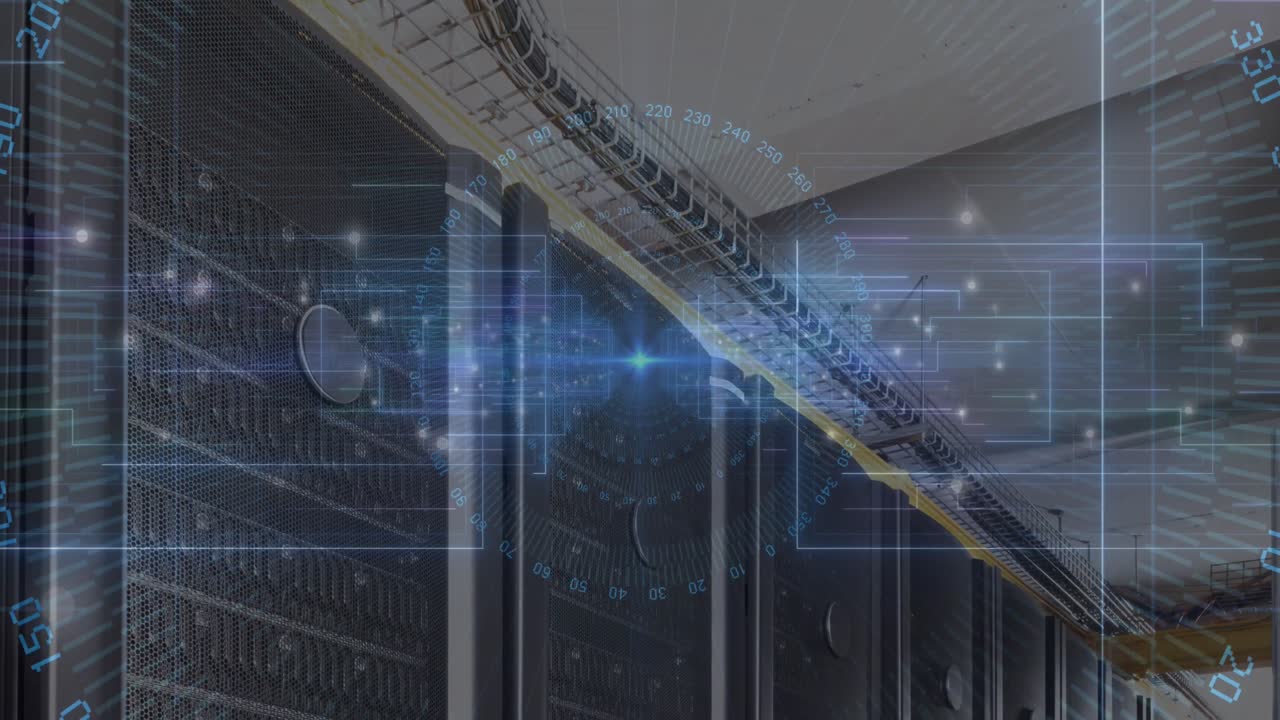 Blue light trails and data processing against empty computer server room
