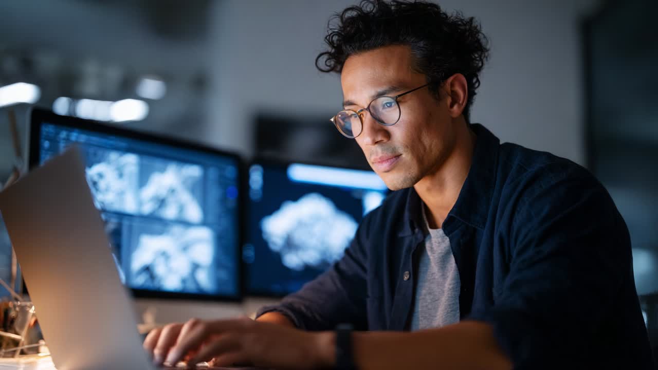 Focused Individual Working on Laptop Amid Digital Screens in a Modern Work Environment, Dedicating Attention to Tasks and Engaged in Creative or Analytical Processes at Night