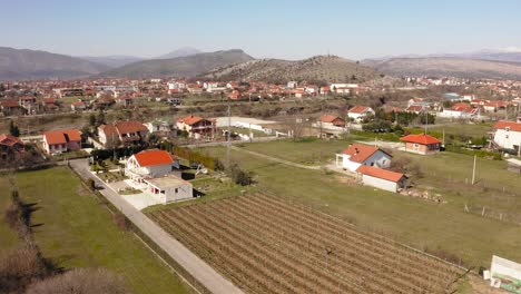 birds eye view of suburban cottages built amidst beautiful mountains and vineyards