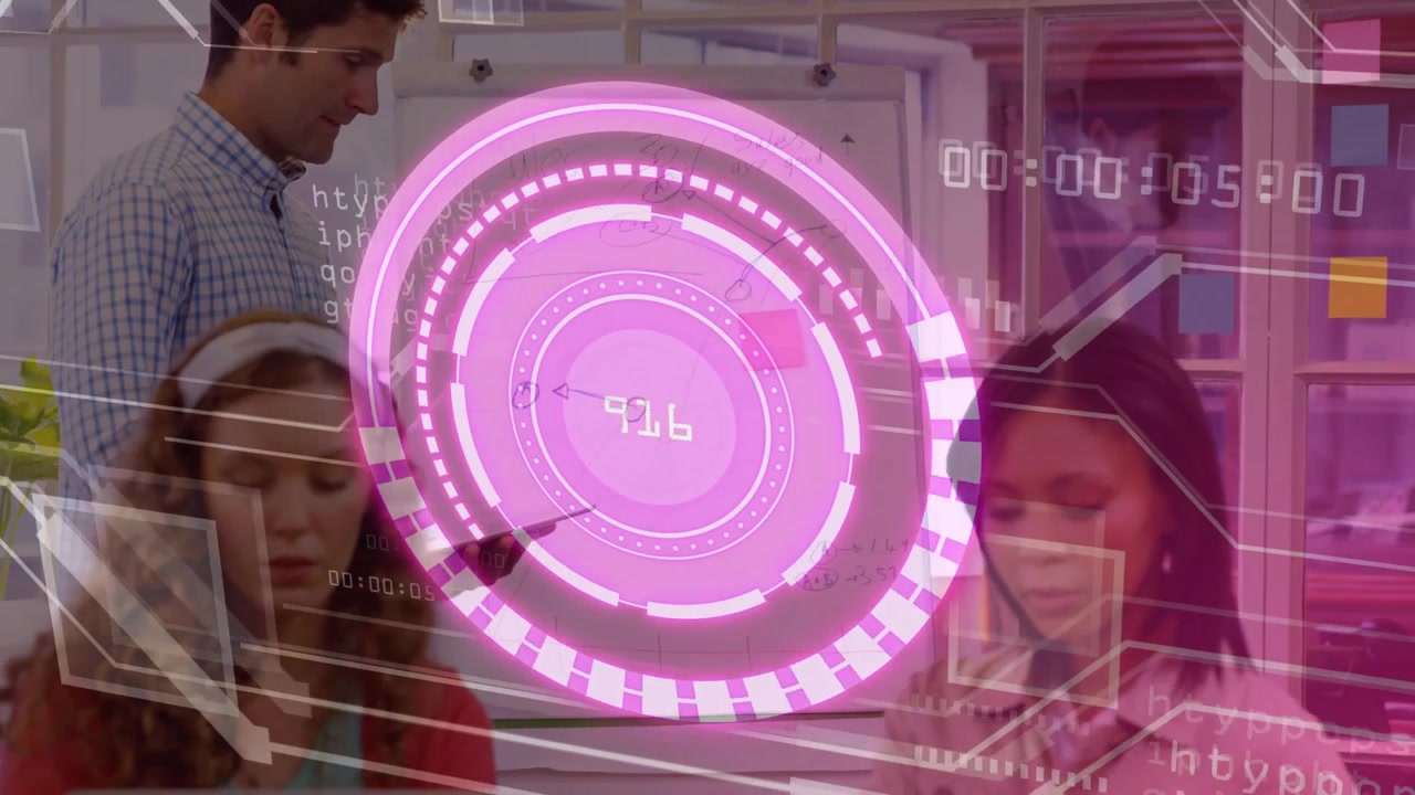 Coworkers tapping laptop and checking tablet in business, magenta HUD updating for project tracking
